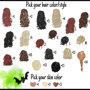 May include: A chart with 15 different hair styles and colors to choose from.  The chart also includes 3 different skin tones to choose from.  The text on the chart reads "Pick your hair color/style" and "Pick your skin color".