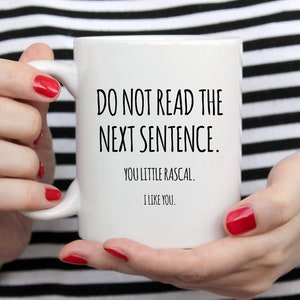 May include: White ceramic mug with black text that reads "DO NOT READ THE NEXT SENTENCE. YOU LITTLE RASCAL. I LIKE YOU." The mug is held by a person with red nail polish and a black and white striped shirt.
