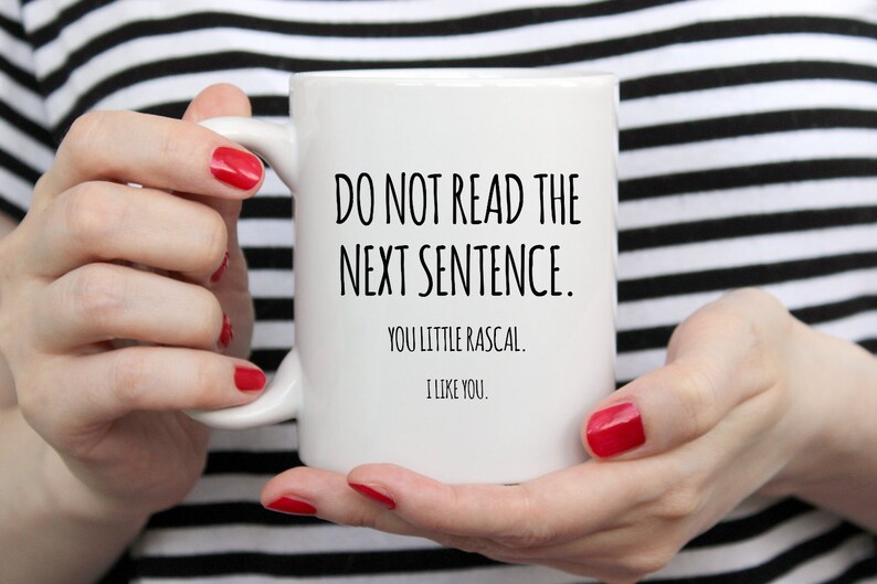 May include: White ceramic mug with black text that reads "DO NOT READ THE NEXT SENTENCE. YOU LITTLE RASCAL. I LIKE YOU." The mug is held by a person with red nail polish and a black and white striped shirt.
