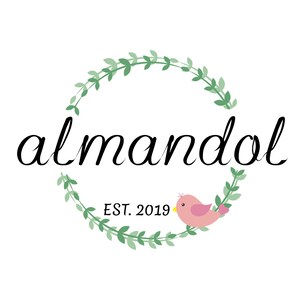 May include: A logo with the word "almandol" in a cursive font, surrounded by a wreath of green leaves. A pink bird with a yellow beak is perched on the wreath. The text "EST. 2019" is below the wreath.