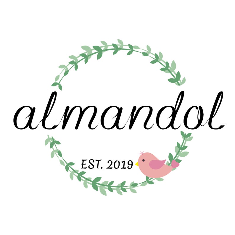 May include: A logo with the word "almandol" in a cursive font, surrounded by a wreath of green leaves. A pink bird with a yellow beak is perched on the wreath. The text "EST. 2019" is below the wreath.
