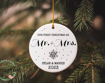Custom Mr And Mrs Christmas Snowflake Ornament, Custom Couple'S Gift, Wedding Christmas Ornament, Our First Christmas As Mr And Mrs