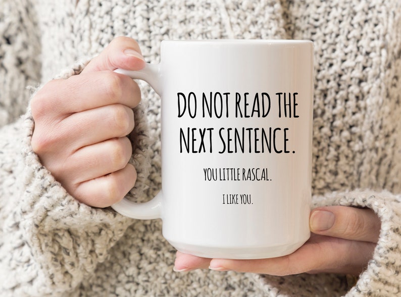 May include: White ceramic mug with black text that reads "DO NOT READ THE NEXT SENTENCE. YOU LITTLE RASCAL. I LIKE YOU." The mug is held by a person wearing a light gray sweater.