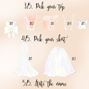 Pu&ograve; includere: Un'illustrazione digitale di una guida di progettazione di abiti da sposa. La guida mostra cinque diverse opzioni di top e due opzioni di gonna. Il testo sull'immagine recita "3/5. Scegli il tuo top", "4/5. Scegli la tua gonna" e "5/5. Indica il nome".
