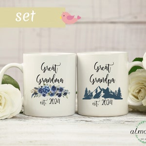 Great grandma and great grandpa est. 2025 set of mugs. Great grandmother and great granfather to be coffee mug set. Baby announcement gift.