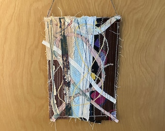 small scrappy fabric wall hanging, textile wall hanging, fabric wall hanging, shipping included, ready to ship USPS ground advantage