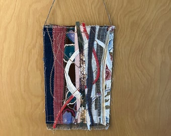 small scrappy wall hanging, repurposed fabric art, fabric wall hanging, one of a kind, shipping included, ready to ship USPSground advantage