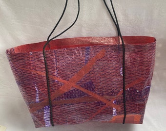 fused plastic tote bag, recycled plastic tote, plastic market bag, free shipping, ready to ship USPS ground advantage