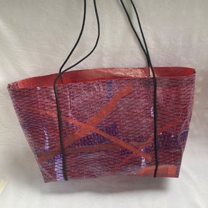 fused plastic tote bag, recycled plastic tote, plastic market bag, free shipping, ready to ship USPS ground advantage