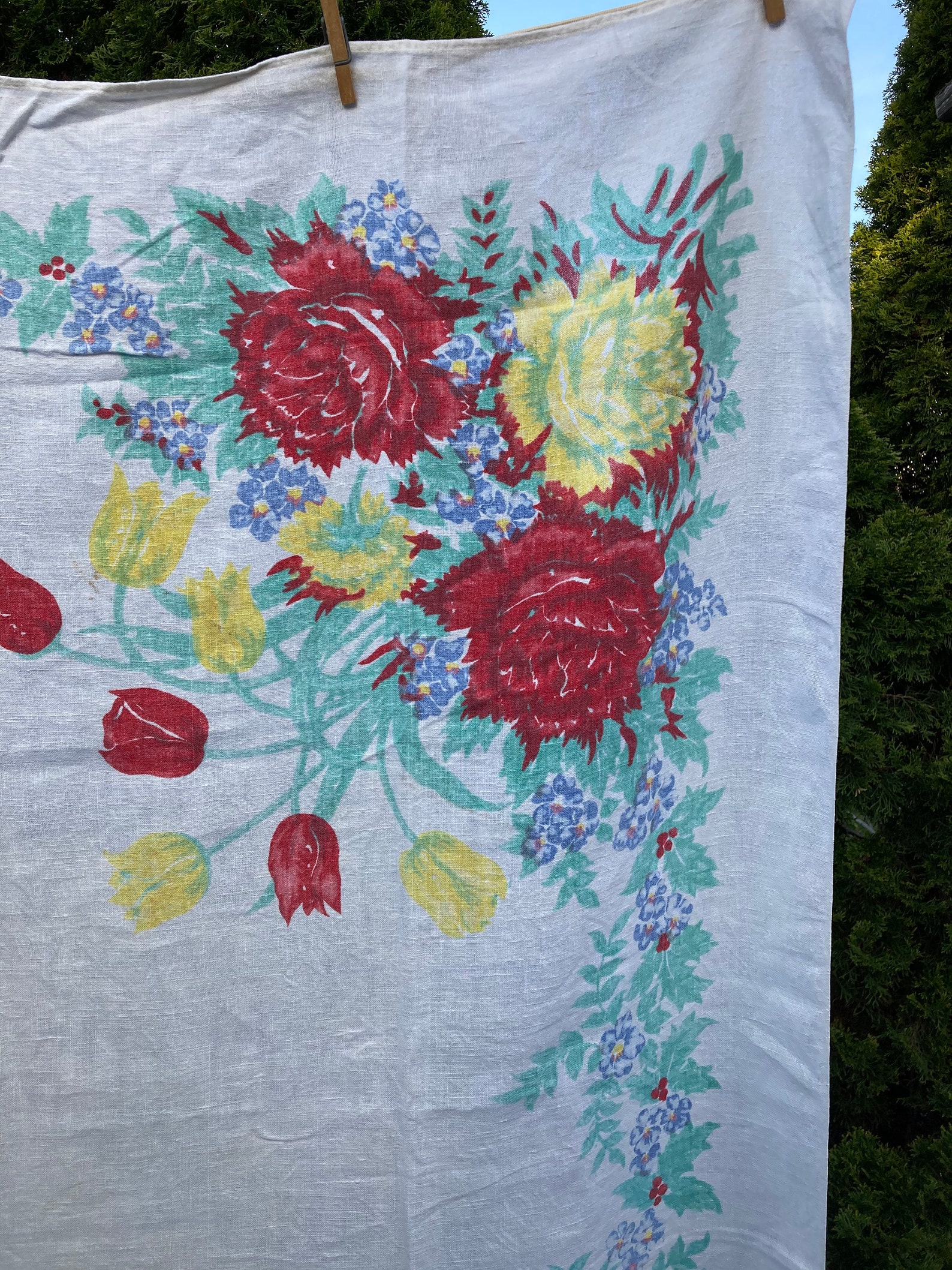 Vintage Linen Tablecloth, Floral Tablecloth, Mother's Day, Free