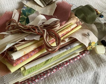 scrap fabric pack, slow stitch collage bundle, textile collage supplies, ready to ship