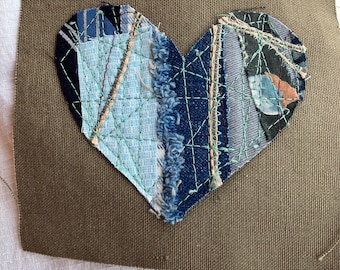 handmade scrappy fabric heart, upcycled clothing embellishment patch, blue tones, ready to ship