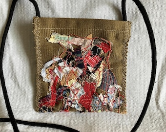 handmade scrappy amulet pouch, wallet necklace, talisman bag, mixed fabric bag, ready to ship