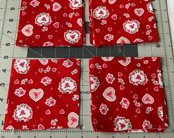 hearts and flowers, red fabric squares, pre-cut fabric, ready to ship