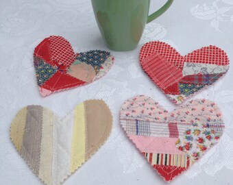 fabric patchwork heart, heart coaster, free shipping, set of 4 hearts, ready to ship USPS ground advantage