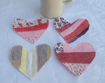 fabric patchwork heart, heart coaster, free shipping, set of 4 hearts, ready to ship USPS ground advantage