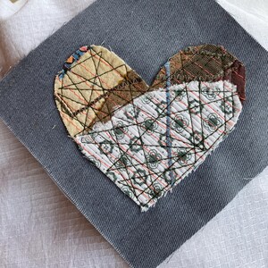 handmade scrappy fabric heart patch, upcycled clothing embellishment, earth tones, ready to ship