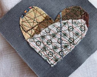 handmade scrappy fabric heart patch, upcycled clothing embellishment, earth tones, ready to ship
