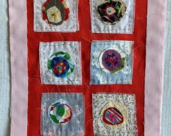 scrappy circles & squares stitched fabric art, whimsical art, wonky wall art