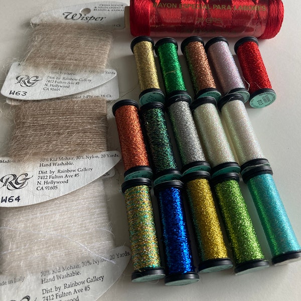 kreinik blending filament lot, vintage needlework thread lot, mohair yarn, rayon floss, ,metallic thread, free shipping, ready to ship