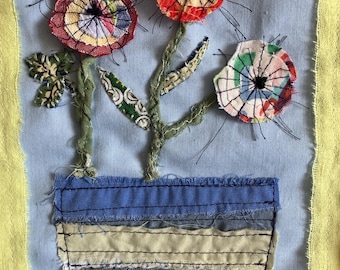 handmade whimsical flower wall art, scrappy fabric appliqué, ready to ship