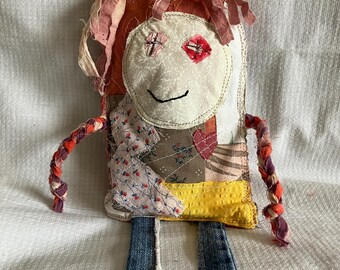 scrappy fabric doll, two faces, whimsical softie, upcycled materials, shelf sitter, ready to ship