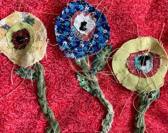 handmade whimsical flower art, scrappy fabric appliqué, flower pot, ready to ship