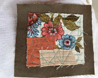 handmade scrappy floral fabric patch, upcycled clothing embellishment, ready to ship