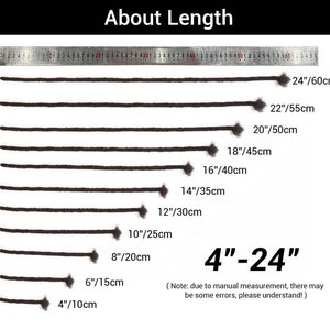 May include: Image showing the lengths of several dark brown dreadlocks, ranging from 4 inches (10cm) to 24 inches (60cm). A ruler is placed above the dreadlocks for measurement. Text at the top reads "About Length."