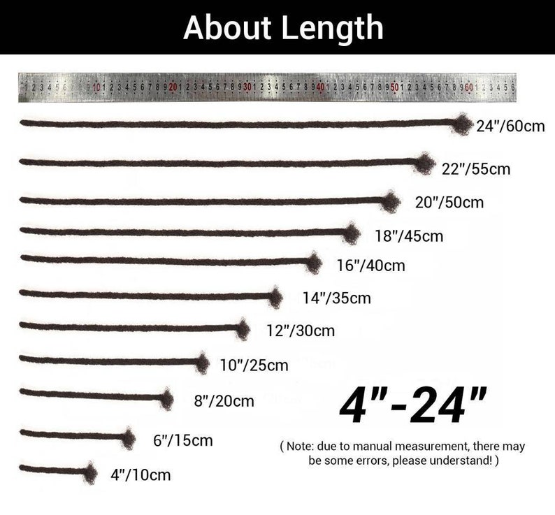 May include: Image showing the lengths of several dark brown dreadlocks, ranging from 4 inches (10cm) to 24 inches (60cm). A ruler is placed above the dreadlocks for measurement. Text at the top reads "About Length."