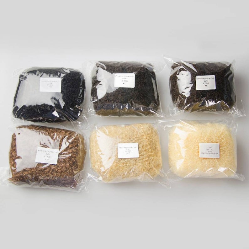 May include: Six bags of human hair extensions in various colours. The bags are clear plastic and the hair is in a variety of textures. The hair is labelled with the text "Afro Kinky Human Hair Bulk 130g 8-12"