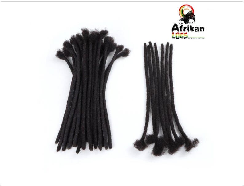 May include: Two bundles of black dreadlocks against a white background. The dreadlocks are thick and appear to be made of a textured material. The logo "Afrikan Loops" is in the upper right corner.