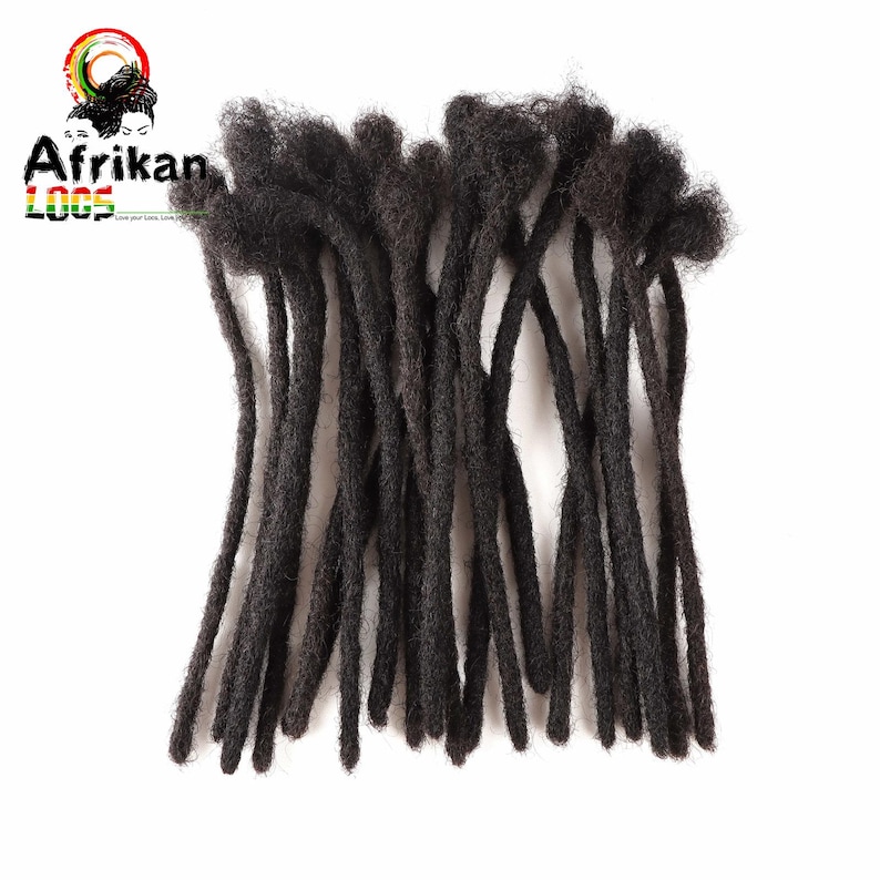 May include: A bundle of dark brown dreadlocks, arranged against a white background. The dreadlocks are thick and textured, with a natural, unkempt appearance. The image includes the text "Afrikan Loox" with a logo.