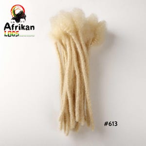 May include: A bundle of blonde dreadlocks, with a textured, natural appearance. The hair extensions are arranged vertically against a white background. The product is labeled with the text "Afrikan Loox" and the number "#613".