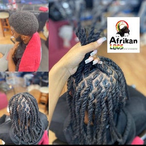 May include: Image showcasing the process of creating locs. The image includes a person with short, textured hair, and close-up shots of the locs being styled. The logo for Afrikan Locs is visible in the upper right corner.