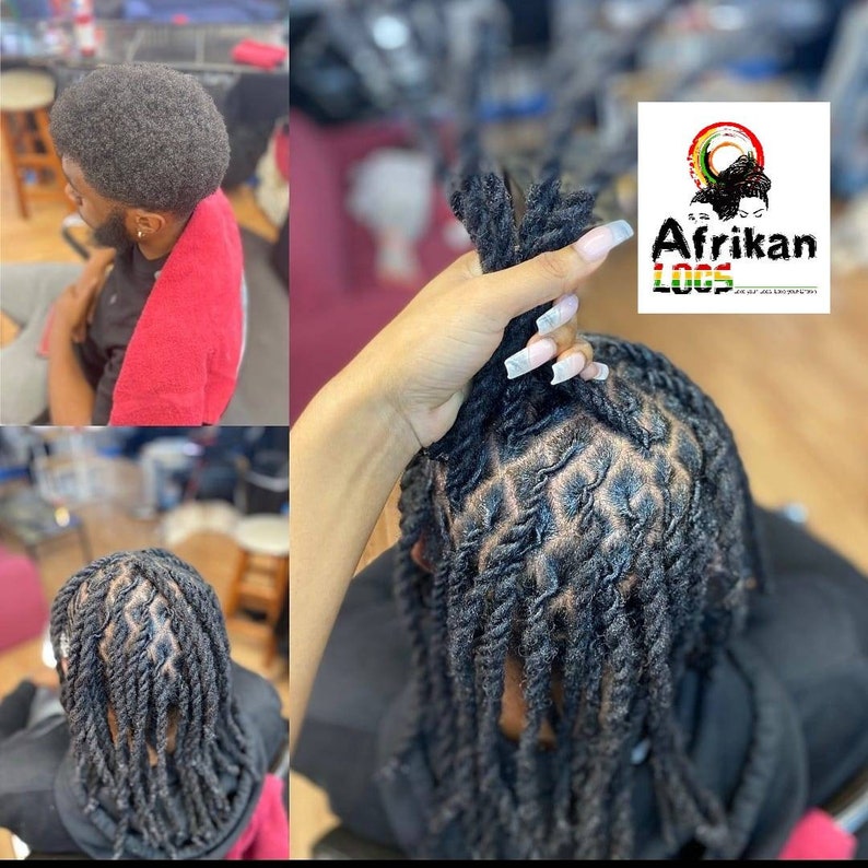 May include: Image showcasing the process of creating locs. The image includes a person with short, textured hair, and close-up shots of the locs being styled. The logo for Afrikan Locs is visible in the upper right corner.