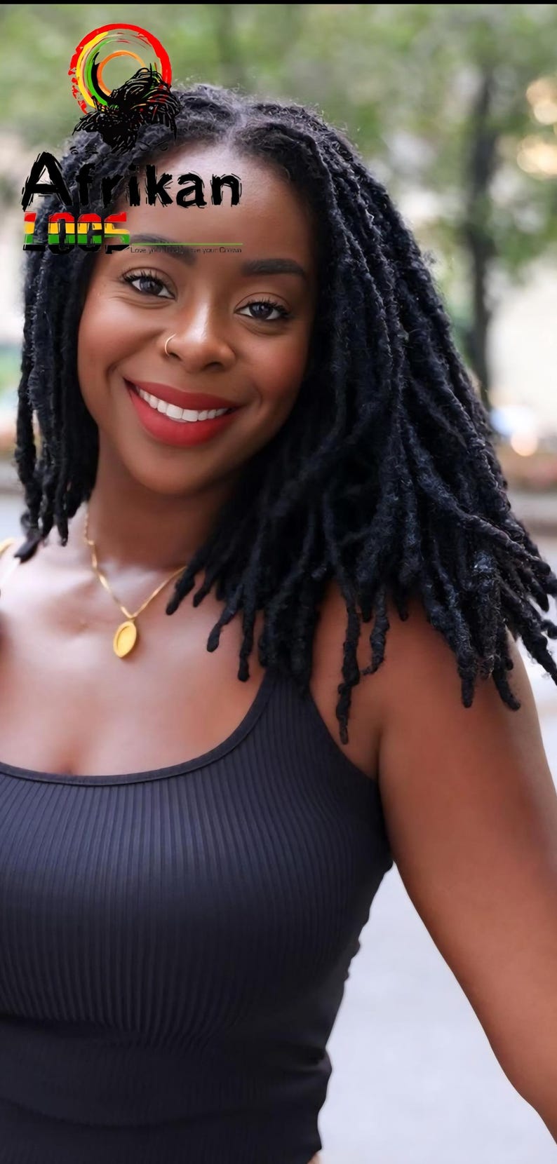 May include: A smiling person with black dreadlocks, wearing a black tank top and a gold pendant necklace. The image includes the text "Afrikan Locs" with a logo featuring the colors of the Pan-African flag.