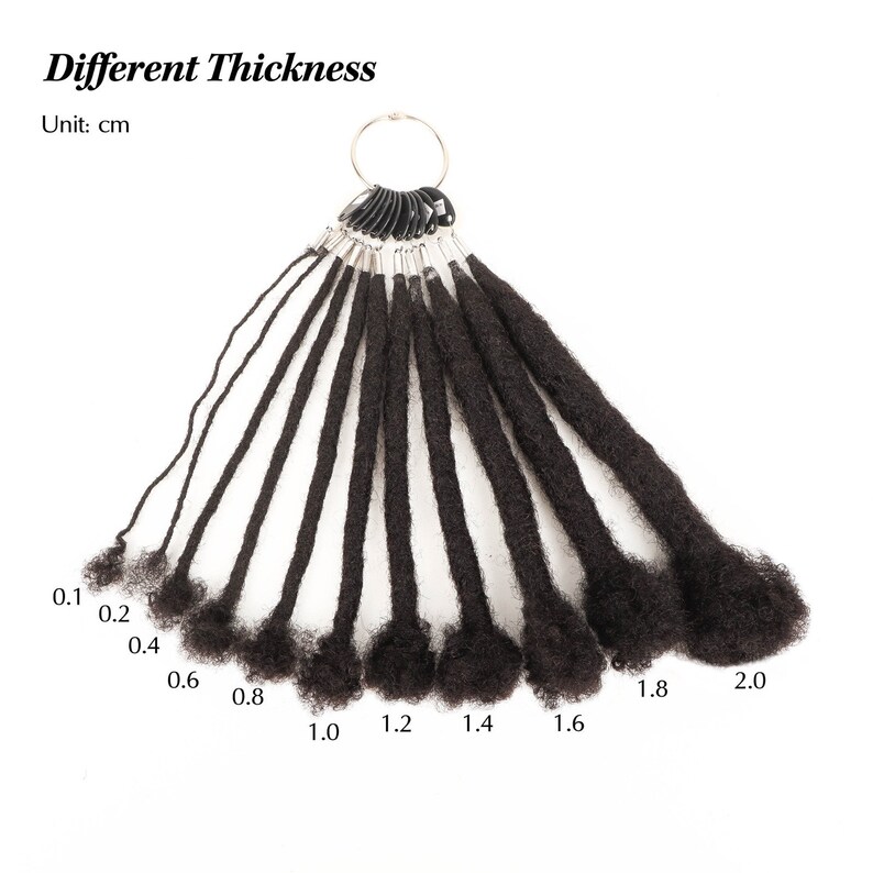 May include: A collection of black dreadlock extensions of varying thicknesses, ranging from 0.1 cm to 2.0 cm, attached to a metal ring. The text "Different Thickness" and "Unit: cm" are displayed.