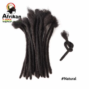May include: A bundle of dark brown dreadlocks, with a few individual locks separated. The image includes the text "Afrikan Loox" and the hashtag "#Natural". The dreadlocks are arranged against a white background.