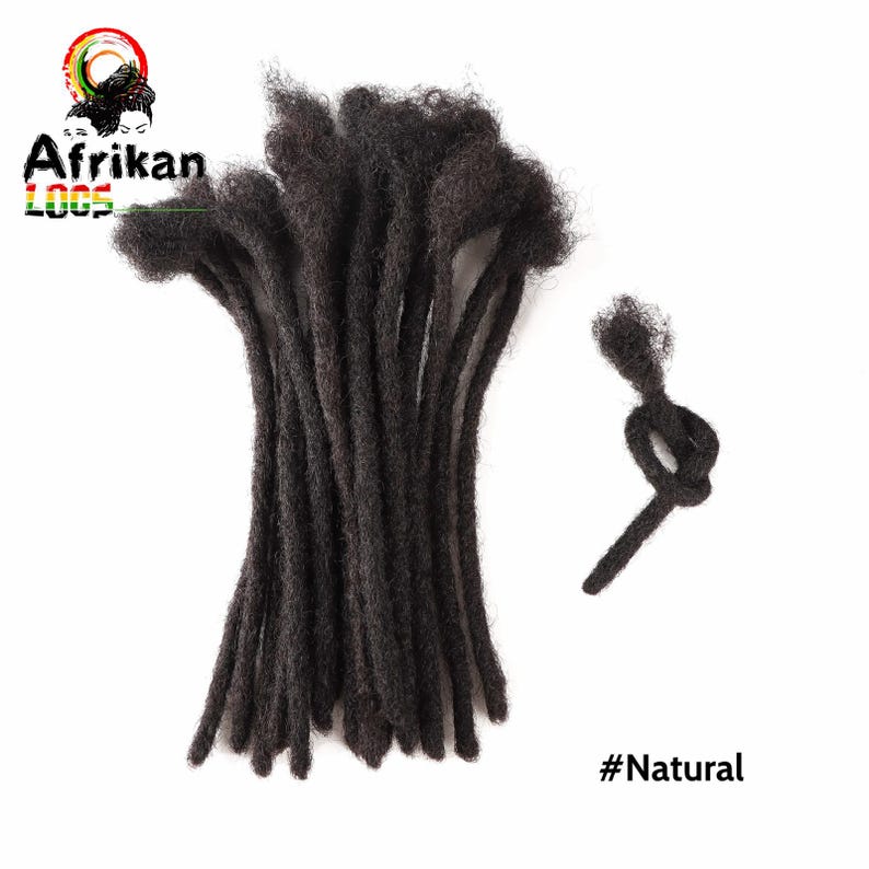 May include: A bundle of dark brown dreadlocks, with a few individual locks separated. The image includes the text "Afrikan Loox" and the hashtag "#Natural". The dreadlocks are arranged against a white background.