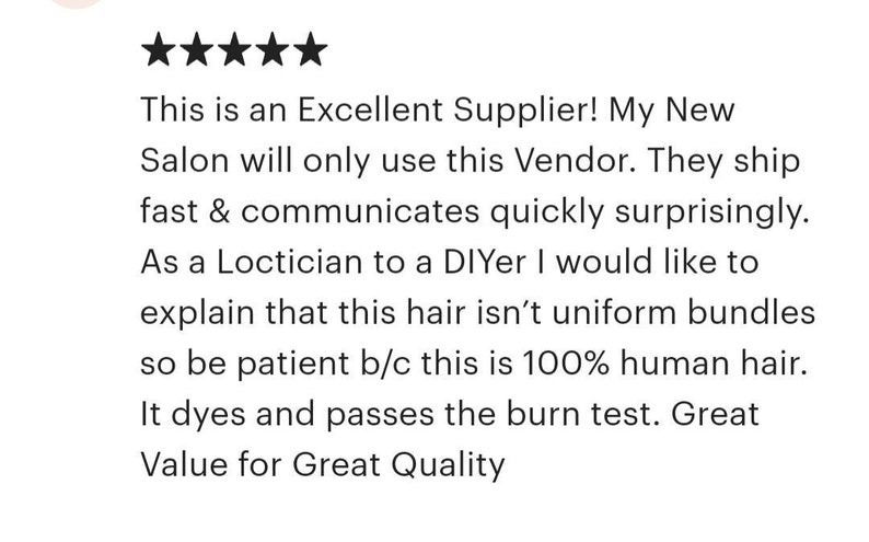 May include: Five-star review for a hair vendor. The review states that the vendor is excellent and ships quickly. The reviewer also mentions that the hair is 100% human hair and passes the burn test.