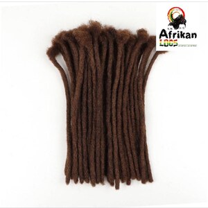 May include: A bundle of brown dreadlocks, arranged vertically against a white background. The hair extensions are a rich, dark brown color. The image includes the text "Afrikan Loops" with a logo featuring a person with dreadlocks.