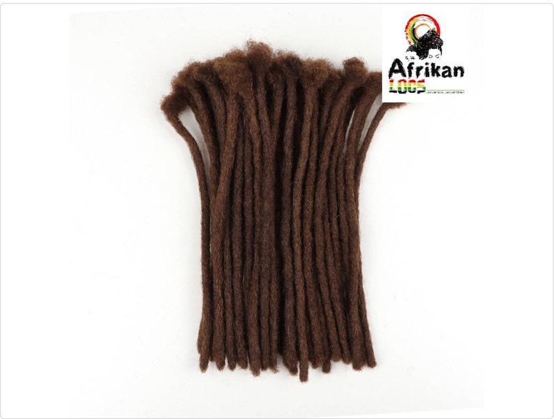 May include: A bundle of brown dreadlocks, arranged vertically against a white background. The hair extensions are a rich, dark brown color. The image includes the text "Afrikan Loops" with a logo featuring a person with dreadlocks.