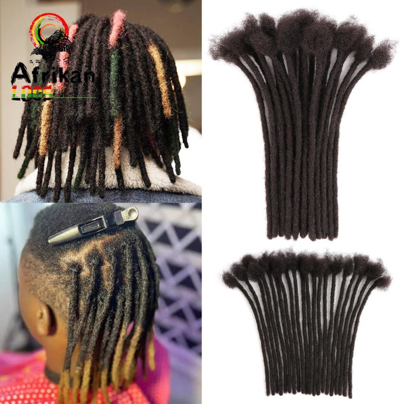 May include: The image showcases dark brown dreadlocks, some with colorful accents. One section shows the hair styled on a person, while another displays bundles of the dreadlocks. The logo "Afrikan" is visible in the upper left corner.