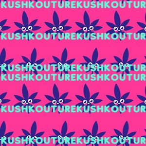 Pode incluir: Um padrão repetido de ilustrações de folhas de maconha azuis com rostos sorridentes em um fundo rosa quente. O texto "KUSHKOUTUREKUSHKOUTUR" é repetido em turquesa.