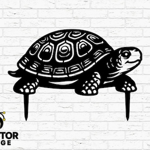 May include: Black turtle-shaped garden stake with a detailed shell design. The stake has two prongs for easy placement in soil. The image includes the text "DVector Forge" and file type icons for SVG, DXF, PNG, AI, and EPS.