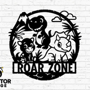 Roar Zone Dinosaur Name Sign SVG Dxf Png Ai Eps – Kids Room Sign Cut File, Custom Name CNC Laser Ready, Cute Dino Silhouette Clipart