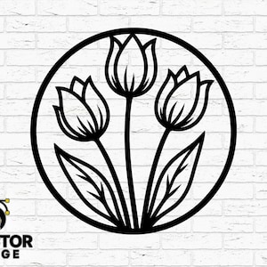 Tulip Vector Flower Round SVG Dxf Png Ai Eps | Floral Circle Cut File for Cricut Silhouette Glowforge CNC | Laser Cut Ready Vector Design