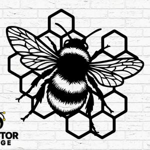 May include: A black and white illustration of a bee set against a honeycomb design. File type icons for SVG, DXF, PNG, AI, and EPS are included. The image also features the text "HAND DRAWN", "TOOLPATH TESTED", and "DVECTOR FORGE".