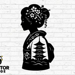 Geisha Woman Silhouette with Pagoda SVG Dxf Png Ai Eps | Japanese Kimono Cut File | Asian Art Laser CNC Cricut Design